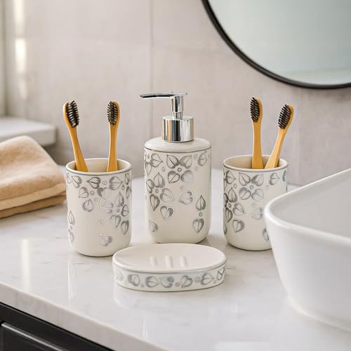 Image of Market99 Ceramic Bathroom Set Glossy White and Grey with Sophisticated Leaf Design, Includes Soap Dispenser, Tumbler, Toothbrush Holder, and Soap Dish for Coordinated Bathroom Style, 300 ML Capacity