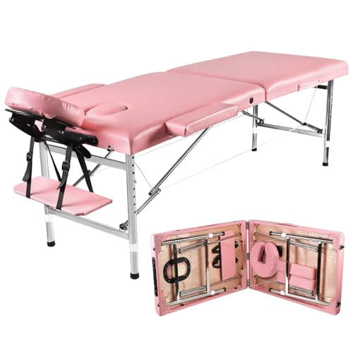 Senrob Massage Tables Portable 24 Wide Adjustable Folding Massage Bed Lightweight Aluminum Esthetician Bed Tattoo Chair for Client Tattoo Table for Spa and Beauty Professionals (Pink)