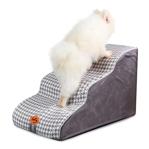 Laifug Curved Dog Stairs for Small Dogs, 3-Step Pet Stairs for High Beds and Couch, Non-Slip Balanced Dog Indoor Step with High Density Foam, Houndsto