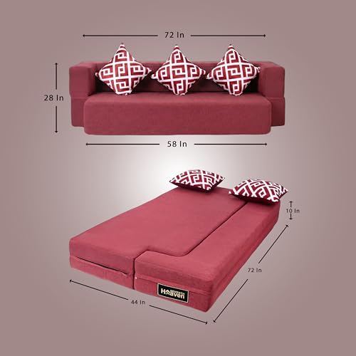 Image of Seventh Heaven 3 Seater 72x44x10, Low Floor Sofa Cum Bed Jute Fabric Fabric with 3 Cushions 3 Seater Double Foam Fold Out Sofa Cum Bed (Finish Color - Maroon Delivery Condition - Pre-Assembled)