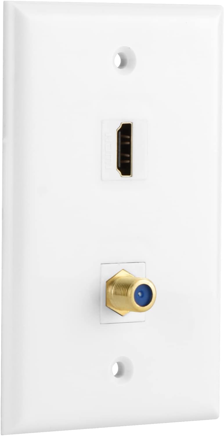 Ethernet Coax HDMI Wall Plate, 1 Port Cat 6 RJ45, 1 Port TV Coax F Type and 2 Port HDMI Keystone Wall Plate