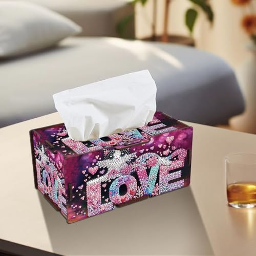 Image of Diamond Painting Tissue Box Cover - Love Letter & Cat Design Wooden DIY Rhinestone Diamond Art Kit, Cute Handmade Craft Tissue Holder for Desktop Home Office Decor