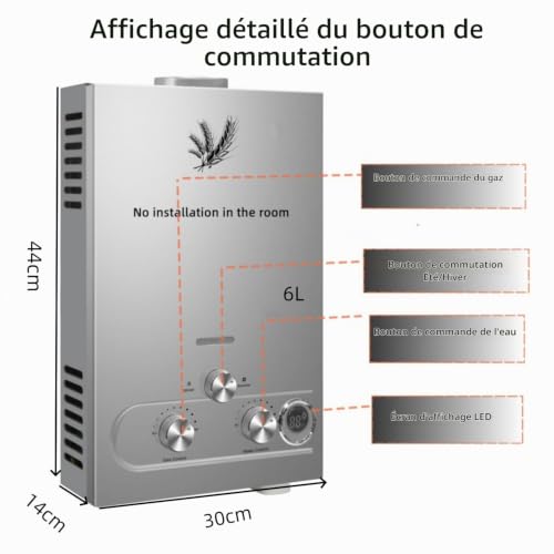 6L Chauffe Eau à Gaz,6 L/min,Instantané Chauffe Bain à Gaz Propane ou Butane,12KW Chaudière Instantanée à GPL avec Mode Hiver et Mode été pour Maison Camping Caravane – vue 8