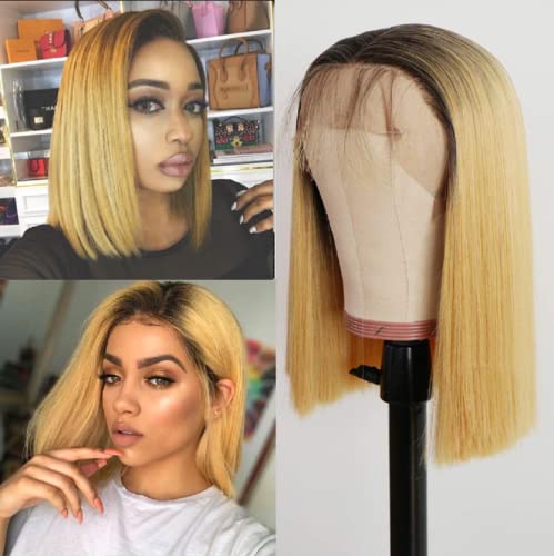 Oxeely Ombre Short Blonde Wig for Women 13x4 Lace front Bob Wigs with Baby Hair Yellow Glueless Synthetic Wigs for Daily Party Cosplay Wig 14inch