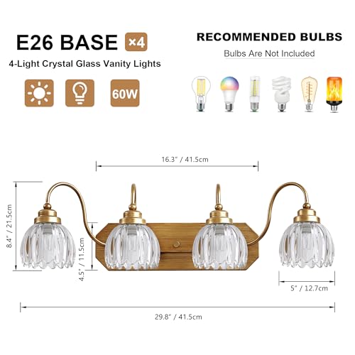 Image of Vintage Gold Bathroom Light Fixtures,4 Light Tulip Crystal