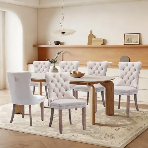 El Mejor Listado de Comedor 6 Sillas los más recomendados. 43 SoarFlash Sillas de comedor de terciopelo, juego de 6, silla lateral de respaldo alto, silla lateral tapizada moderna de alta gama con botones, con patas de madera maciza (Beige)