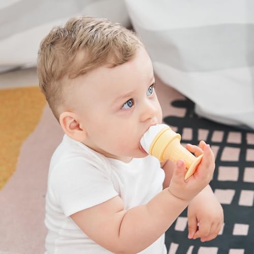Image of Smily Mia Baby Fruit Food Feeder & Freezer Teether Combo, ICY Bite Ice Cream Teether for Baby Cooling Relief, BPA Free Silicone Feeder for Safe Infant Self Feeding, 3 Month+,Cream White