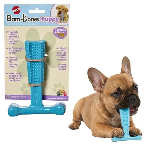 SPOT Bam-Bones Puppy T-Bone Dog Chew Toy, Chicken Flavor, 6 Inch, Bamboo Fiber & Flexible Rubber