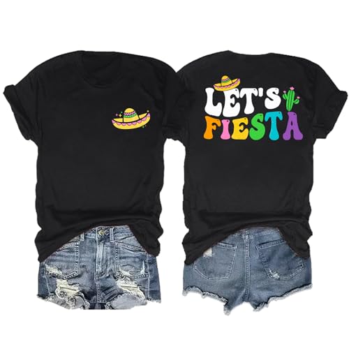 TAOHONG Fiesta Shirts Women Lets Fiesta Tees Cinco De Mayo Shirts Mexican Fiesta Party Tee Shirt Sombrero T Shirts Black, X-Large
