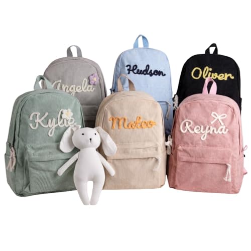 Giftailor Mochila de pana personalizada para niños, mochila escolar con nombre bordado personalizado para niños pequeños, guardería, preescolar