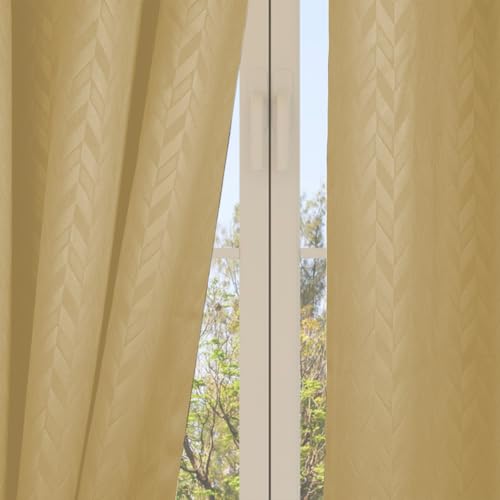 Image of LINENWALAS 100% True Blackout Curtains 6.5 Feet Long - 1 Panel Curtain, Herringbone Embossed Design Complete Light Block, Thermal Insulated & Noise Reducing Room Darkening Curtains (Golden Beige)