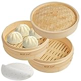 WISH SUN 竹 せいろ 蒸籠 蒸しせいろ せいろ蒸し器 2段 中華蒸籠 天然竹 蒸し料理 小籠包 茶碗蒸し 24cm 深型 本体・蓋 本体2個セット せいろ専用シート50枚入り 鍋なし