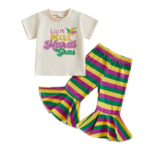 YOKJZJD Toddler Baby Girl Mardi Gras Outfit Little Miss Mardi Gras Short Sleeve T-Shirt Tops Bell Bottom Pants Clothes Set