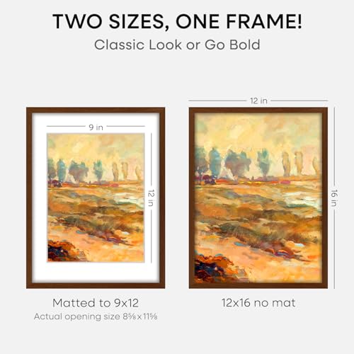 Image of Homeforia 12x16 Picture Frame Brown, High End Dark Oak 12x16 Walnut Wood Poster Frame with Mat 9x12 Print, 12 x 16 Wooden Frame Matted to 9 x 12 Photo, 16x12 Frames, Tempered Glass, Wall Kit, Set of 2