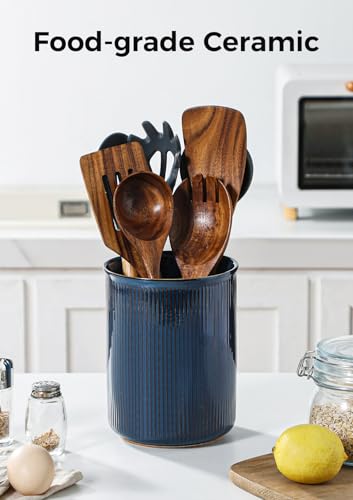 Image of LoeJan Utensil Holder, Extra Large Utensil Crock, Stable Ceramic Utensil Organizer, Cooking Tool Organizer Set for Kitchen Counter Farmhouse Decor, Flambe Blue