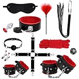 Rbenxia 12 PCS Sex Bondage BDSM Restraints Kits Fetish Handcuffs Ankle Cuff Collar Blindfold Whip Rope Nipple Clamps Sex Dice Anal Toys Ball Gag Adult Games Foreplay Sexy Toys for Couples