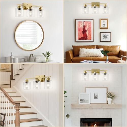 Image of Modern Brushed Gold 3 Light Bathroom Light Fixtures, 19 inch Vanity Lights for Bathroom with Clear Glass, Bathroom Lighting Fixtures Over Mirror for Mirror Kitchen Living Room