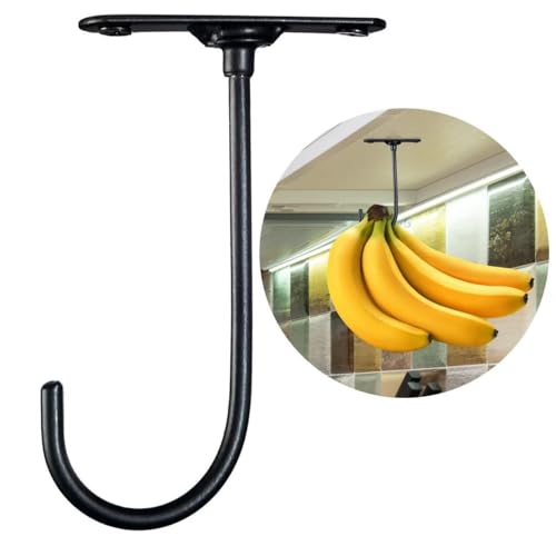 Banana Hook Under Cabinet, Heavy Duty Banana Hanger for Kitchen - Under Cabinet Banana Saver with 2 Nails & Washers, Black Banana Holder Rack to Keep Bananas Fresh, Space-Saving Utensil Hanger