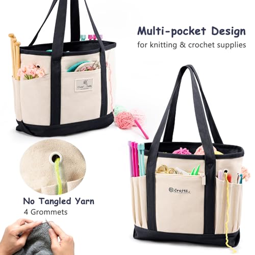 Image of MYBAGZING Canvas Yarn Storage Organizer Bag Washable Crochet Bag with Pockets for Yarn, Hooks, Needles - Travel Knitting Tote for Crafters - Gift for Crocheters & Knitters (Medium /Large)