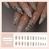 Nude Fake Nails Long Almond Press on Nails Silver Bow Nails Press Ons French Tip False Nails Ons with Rhinestones Design Star Glue on Nail Glitter Glossy Stick on Nail for Women Decoration 24Pcs