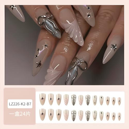 Nude Fake Nails Long Almond Press on Nails Silver Bow Nails Press Ons French Tip False Nails Ons with Rhinestones Design Star Glue on Nail Glitter Glossy Stick on Nail for Women Decoration 24Pcs