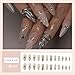 Nude Fake Nails Long Almond Press on Nails Silver Bow Nails Press Ons French Tip False Nails Ons with Rhinestones Design Star Glue on Nail Glitter Glossy Stick on Nail for Women Decoration 24Pcs