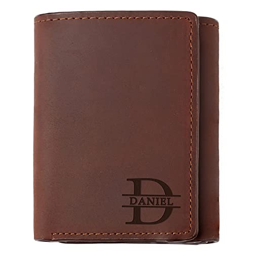 RUGGEDGIFTS Personalised Leather Trifold Wallet, Custom Wallet For Men, Trifold ID Holder Pocket Leather Cash Wallet, Birthday Gifts for him Husband