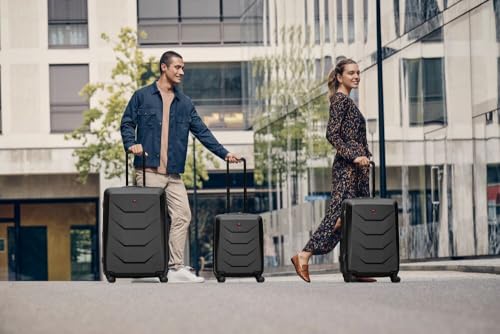 WENGER Prymo Medium Hartschalenkoffer mit 4 Rollen, Trolley, Mittelgroß, 59 (67) l, Sicherheitsschloss, Damen Herren, Reisen Urlaub, Schwarz, 612537