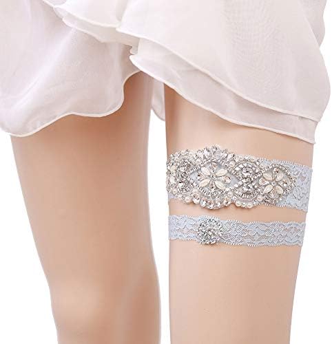 OURIZE Wedding Garters for Bride Lace Garter Belt Bridal Garter Set with Rhinestones (Blue)