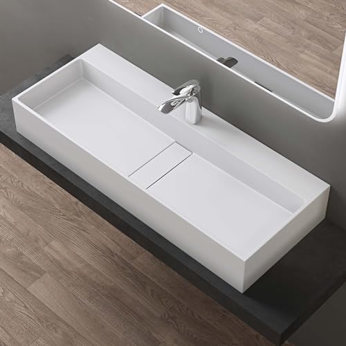 doporro Vasque à Poser Blanc Mat avec Bonde Lavabo de Salle de Bains Suspendu 100cm Lave Mains Rectangulaire avec Cache Bonde Colossum6028