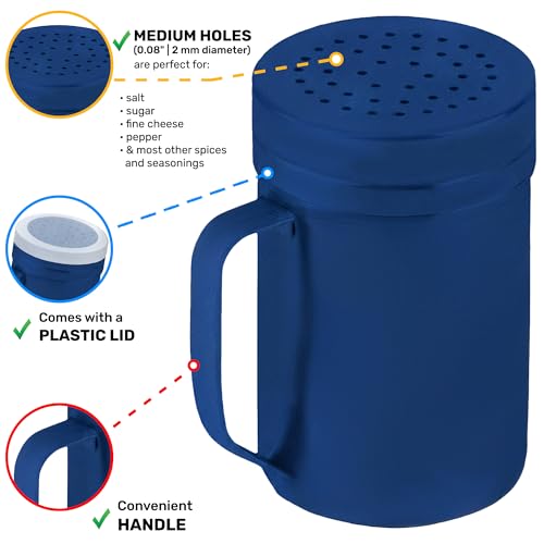 Image of CUSINIUM 14oz Navy Blue Stainless Steel Salt Pepper Dredge Shakers - With Plastic Cap - With Handle - Pack of 2