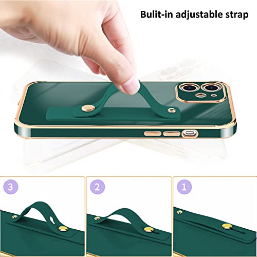 Teaught Case For Iphone 12 Soft Tpu Dark Green Plating With Adjustable Wristband Kickstand Slim Cover Anti-Scratch Shockproof Protective Case For Women Girls Men #TOP2