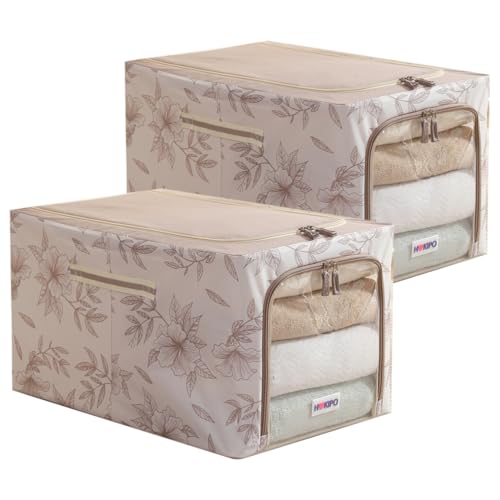Image of HOKIPO Wardrobe Organiser for Storage of Clothes, 600D Oxford Fabric Storage Box, Latte Floral - Extra Large Pack of 2 (AR-6490-LBR*2)