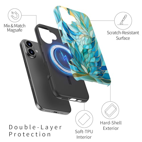 Image of Goodon for iPhone 16 Plus Case Cute - Wireless Charging Compatible - Dual-Layer Hard Shell + Silicone Cover - Protective Phone Case with Trendy Designs for Women - Blue Leaves Flower