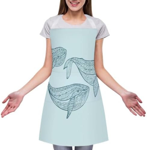 MoaDnoej Polyester Bib Apron with Front Pockets Adjustable Neck Strap Kitchen Chef Cooking Baking Grill for Men Women Aquatic Family Whales Mom Dad Baby Animal Wildlife Cachalot Cute Deep Dive — view 2