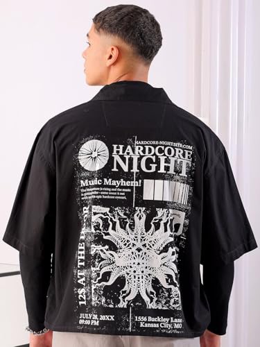 Image of The Indian Garage Co Men Boxy Fit Graphic Print Half Sleeves Cuban Collar Street Wear Cropped Shirt