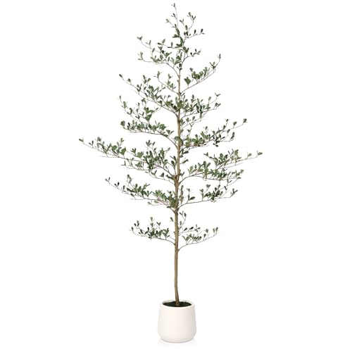 VeriNatural Artificial Black Olive Tree 6FT - Faux Olive Trees with Modern White Planter & Moss for...