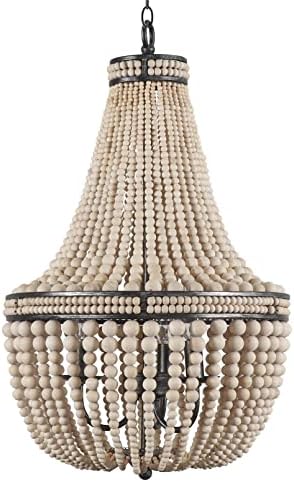 DOCHEER Farmhouse Wood Beaded Chandelier Boho Light Fixture, Oak White Wooden Bead Chandeliers Rustic Kitchen Island Hanging Pendant Lighting Fixtures for Dining Room, Bedroom, Entryway, Living Room