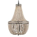 DOCHEER Farmhouse Wood Beaded Chandelier Boho Light Fixture, Oak White Wooden Bead Chandeliers Rusti
