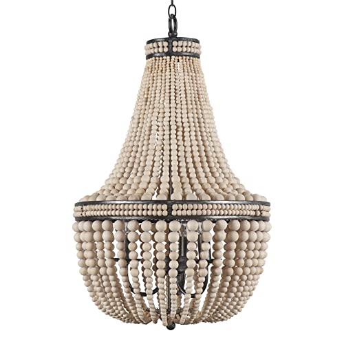 Docheer Farmhouse Wood Beaded Chandelier Boho Light Fixture, Oak White Wooden Bead Chandeliers Rustic Kitchen Island Hanging Pendant Lighting Fixtures For Dining Room, Bedroom, Entryway, Living Room #TOP28