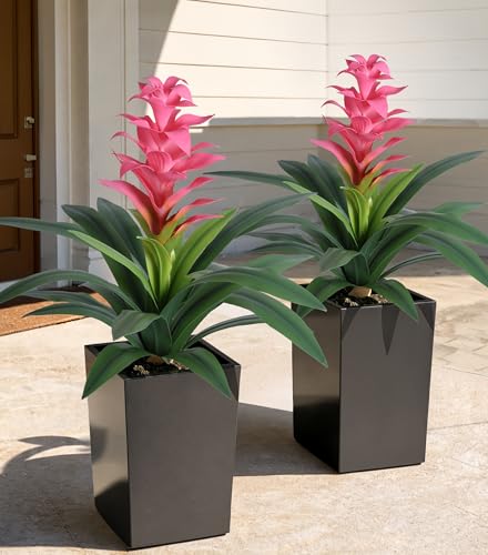 Artificial Flowers Outdoors UV Resistant 16.93 Bromeliad Fake Tropical Plants Look Real Faux Flowers for Outdoor Planters Front Porch Patio Yard Garden Planter Indoor Decorations (Set of 2)