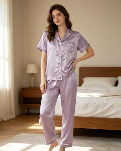 Image of 3 Piece Silk Satin Pajama Set for Women Soft Short Sleeve Button Down Pjs with Shorts Long Pants Sleepwear S-XXXL