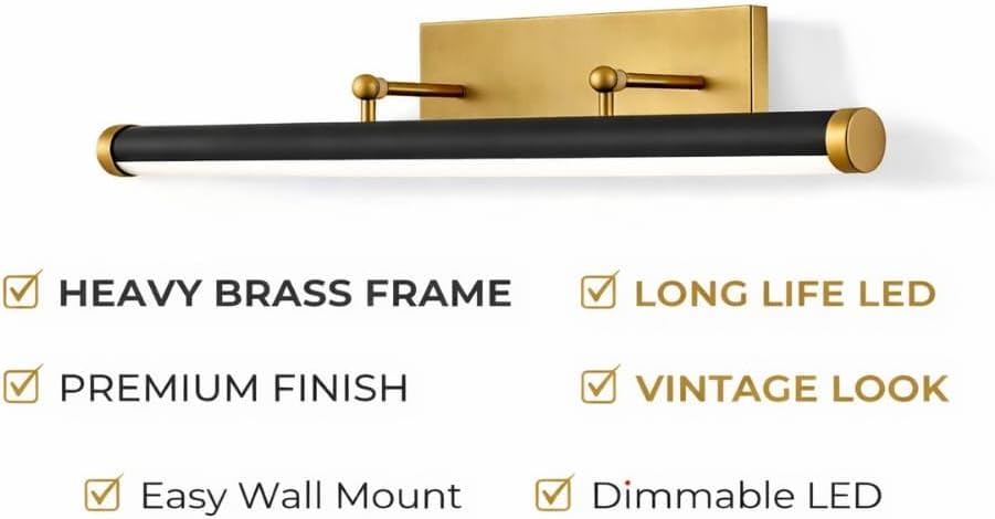 VARTH Antique Brass Picture Light for Wall Art – Vintage Adjustable LED Wall Lamp for Paintings, Frames & Artwork | Classic Brass Wall Sconce for Living Room, Bedroom, Gallery Décor 24 Inch