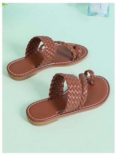 GORGLITTER Girl's Strappy Leather Flats Sandal Cute Braided Dressy Toe Ring Slip on Slide Sandals Brown 84