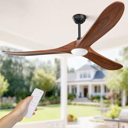 Image of Obabala 60 inch Outdoor Ceiling Fan with Light and Remote, Solid Wood 3-Blade Ceiling Fan with DC Motor for Patio and Farmhouse, Dark Walnut