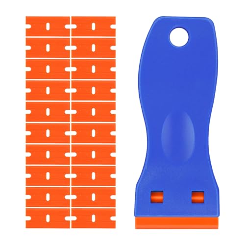 Immagine prodotto: BAVALIN Set di mini raschietti in plastica blu, 1 raschietto in plastica con 20 lame di ricambio in plastica, per vinile, adesivi, adesivi, colla