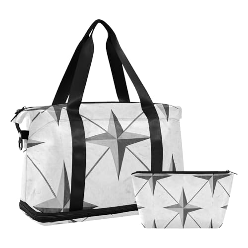 Gray Four-pointed Star Travel Tote Gym Bag Weekender Bag with Adjustable Strap for Workout 2 Pcs Set