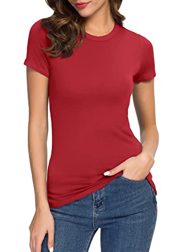 Women's Crewneck Slim Fitted Short Sleeve T-Shirt Stretchy Bodycon Basic Tee Tops (2Xl, Red) #TOP10