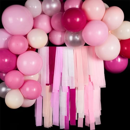 Image of PartyWoo Pink Crepe Paper Streamers 6 Rolls 492 ft Pack of Light Pink Burgundy Crepe Paper for Baby Shower Gender Reveal Bachelorette Birthday Party Decorations (1.8 Inch x 82 Ft /Roll), Pink-728