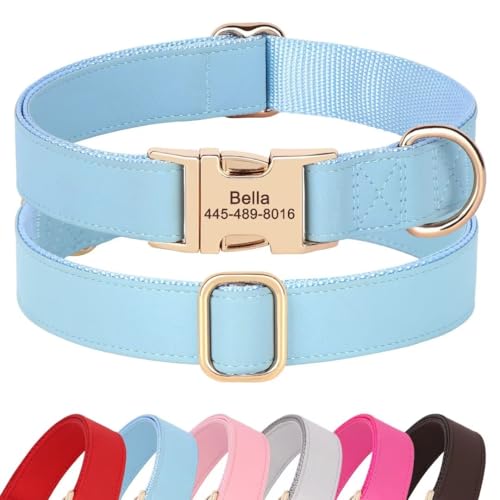 PET ARTIST Collar de perro de nailon y cuero de color sólido suave, collar básico elegante personalizado para perro lindo,hebilla de color dorado personalizada para perros pequeños y medianos, azul, L